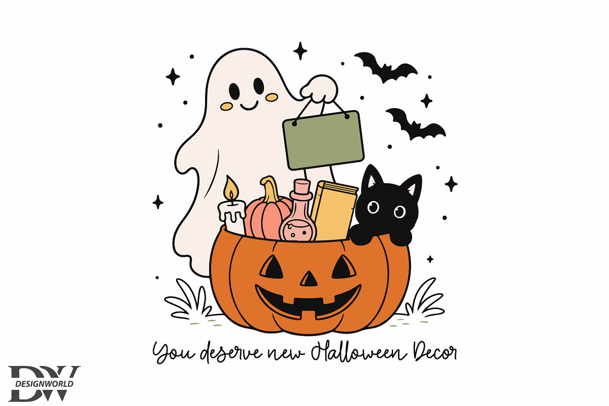 Cute Ghost with Pumpkin Decor PNG, a Seasonal Illustration by Designworld (Photo 1 of 4)