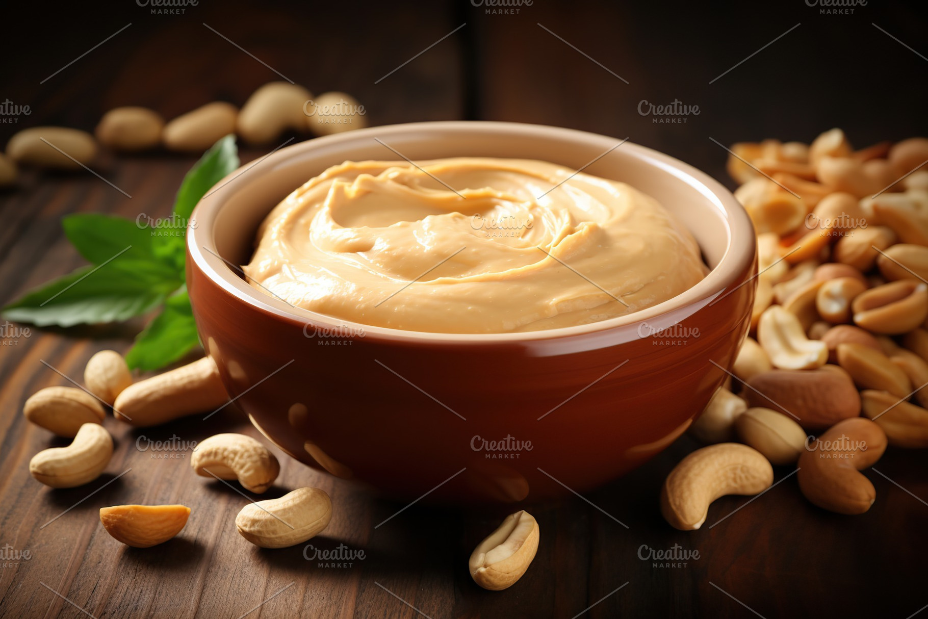 Bowl with peanut butter on wooden background, a Food & Drink Photo by AlyaAnd