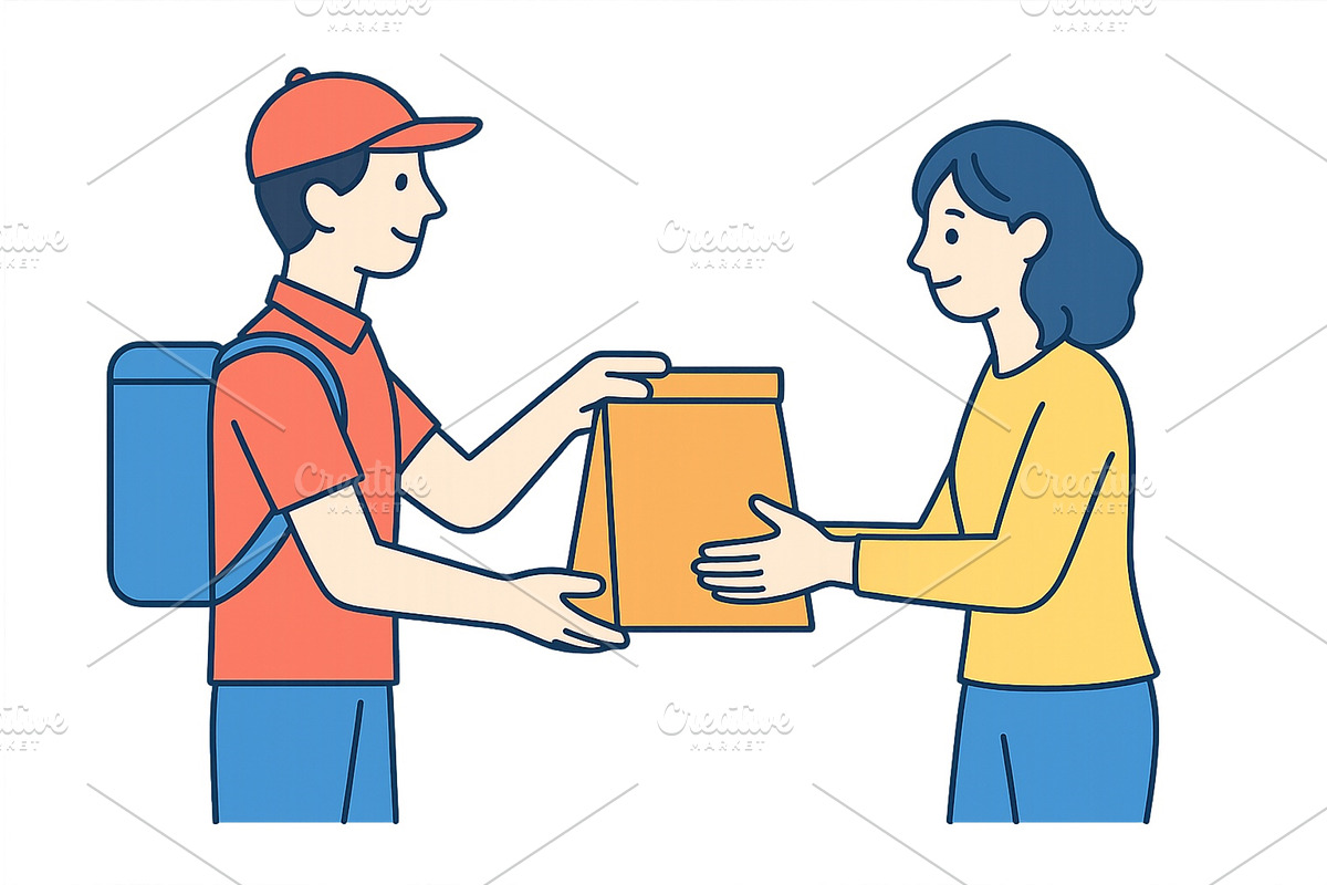 Delivery person hands over parcel to, an Illustration by ZinetroN