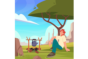 Sitting tourist. campfire and, a Sport Illustration by Onyx