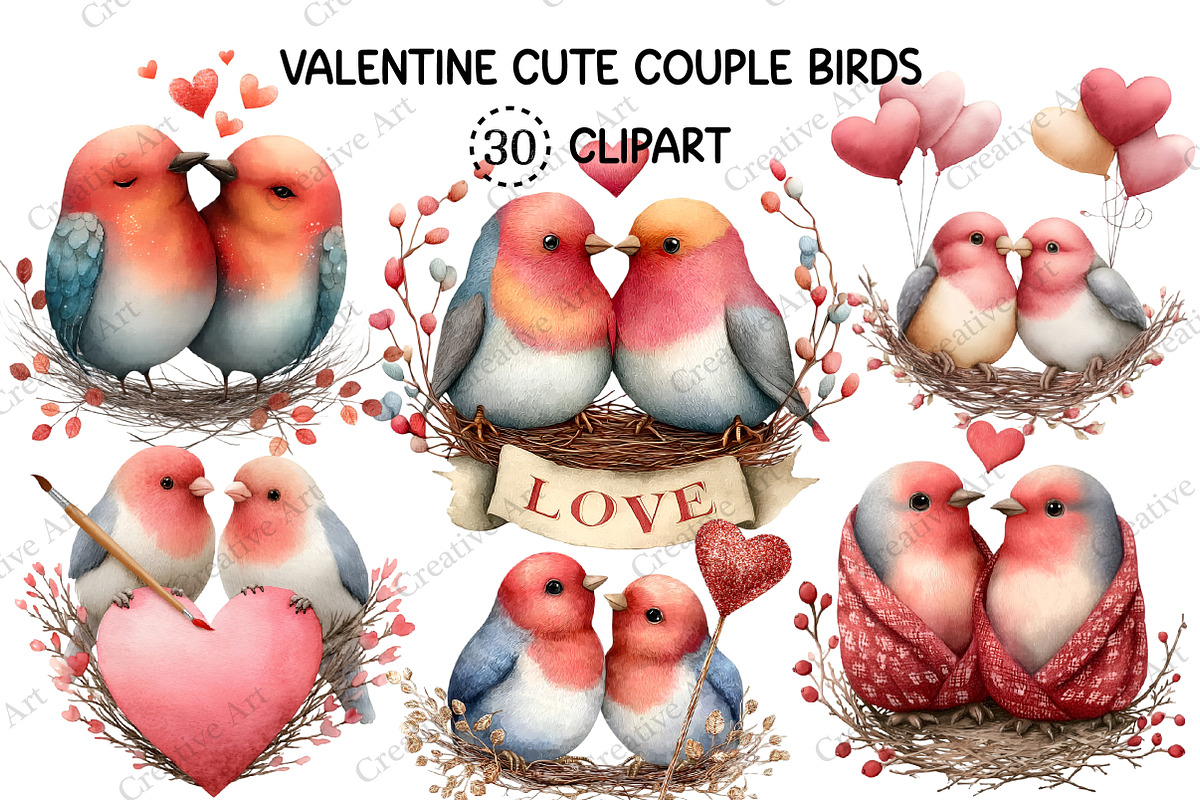Valentine Cute Couple Birds Clipart, an Illustration by Creative Art (Photo 1 of 9)