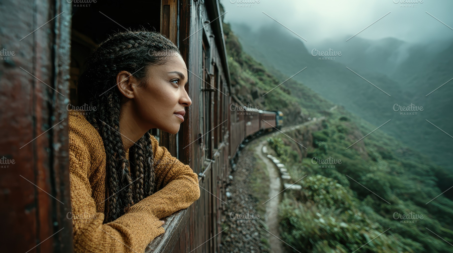 Woman on train journey mountain view, a Photo by Pixeness Studio