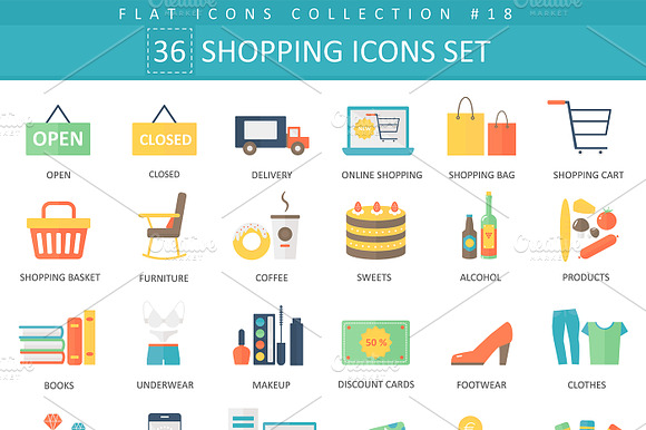 36 Shopping Flat Icons Set.