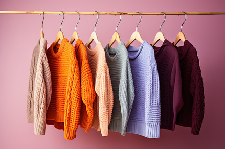 Knitted sweaters on hangers on pink background, a Beauty & Fashion Photo by AlyaAnd