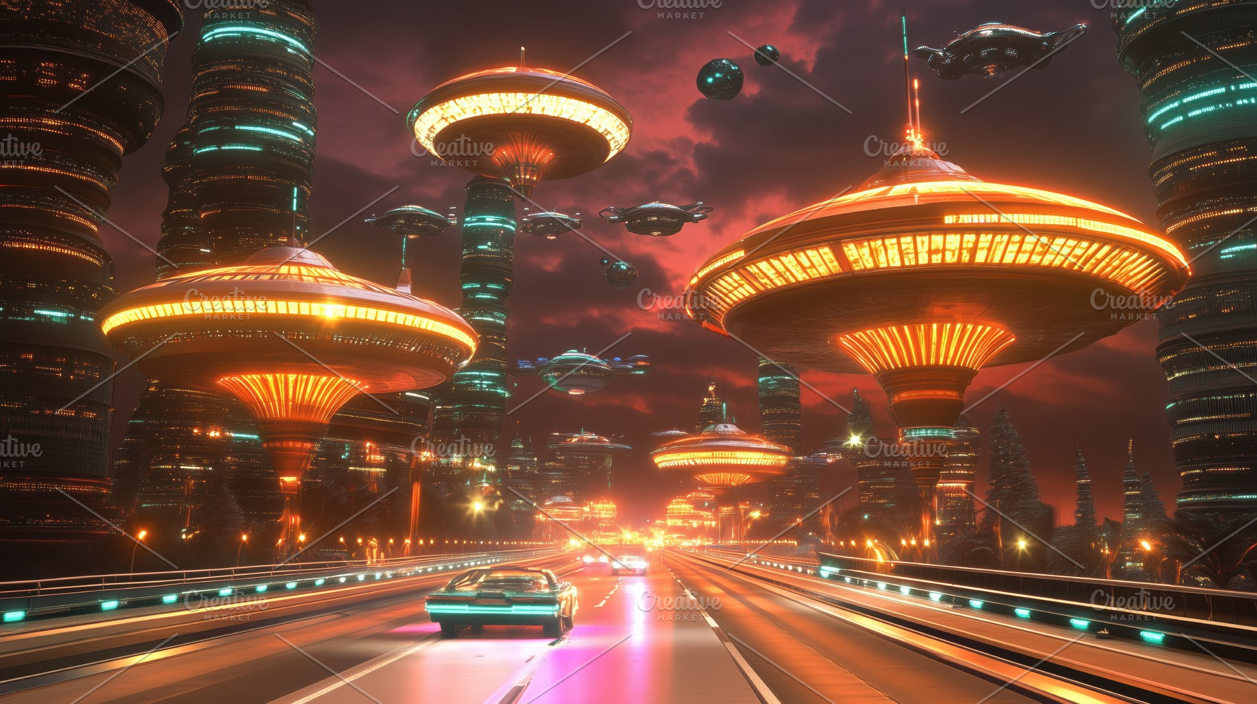 A futuristic cityscape featuring glowing, hovering structures and flying vehicl, an Arts & Entertainment Photo by Textures & Backgrounds