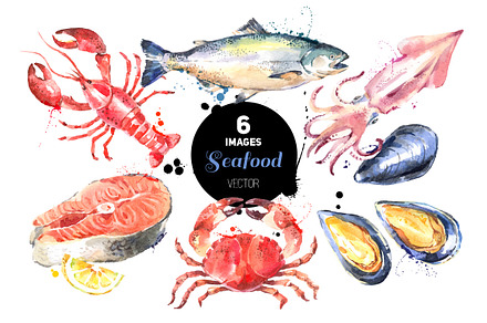 Watercolor Sketch Seafood Vector Set
