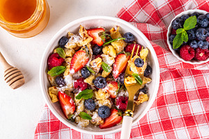 Viral trendy scrambled pancakes with fresh berries, a Food & Drink Photo by Rimma