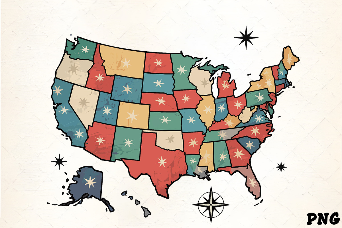Retro usa map colorful states stars, an Illustration by CrexoraLab (Photo 1 of 4)