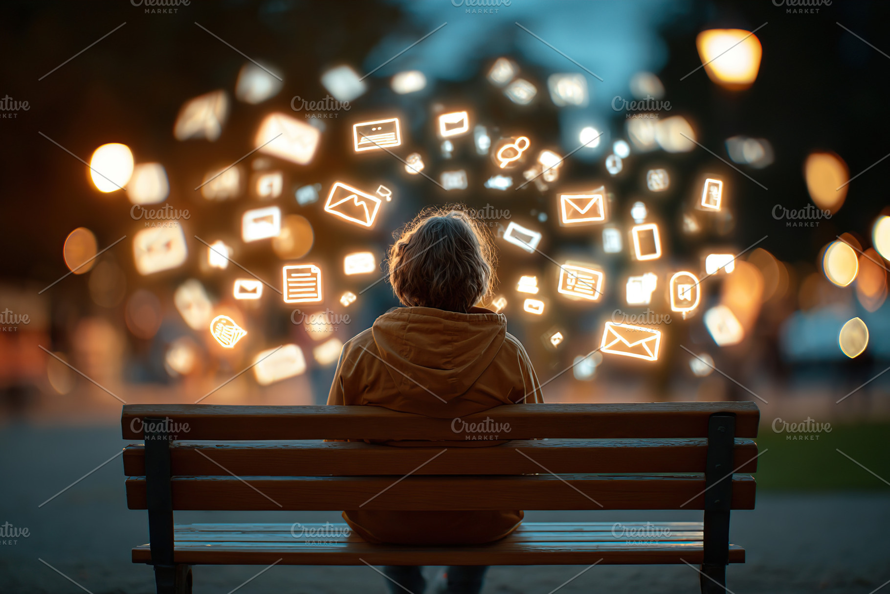 Person sitting alone on a park bench surrounded by floating digital icons at du, a Photo by AlyaAnd