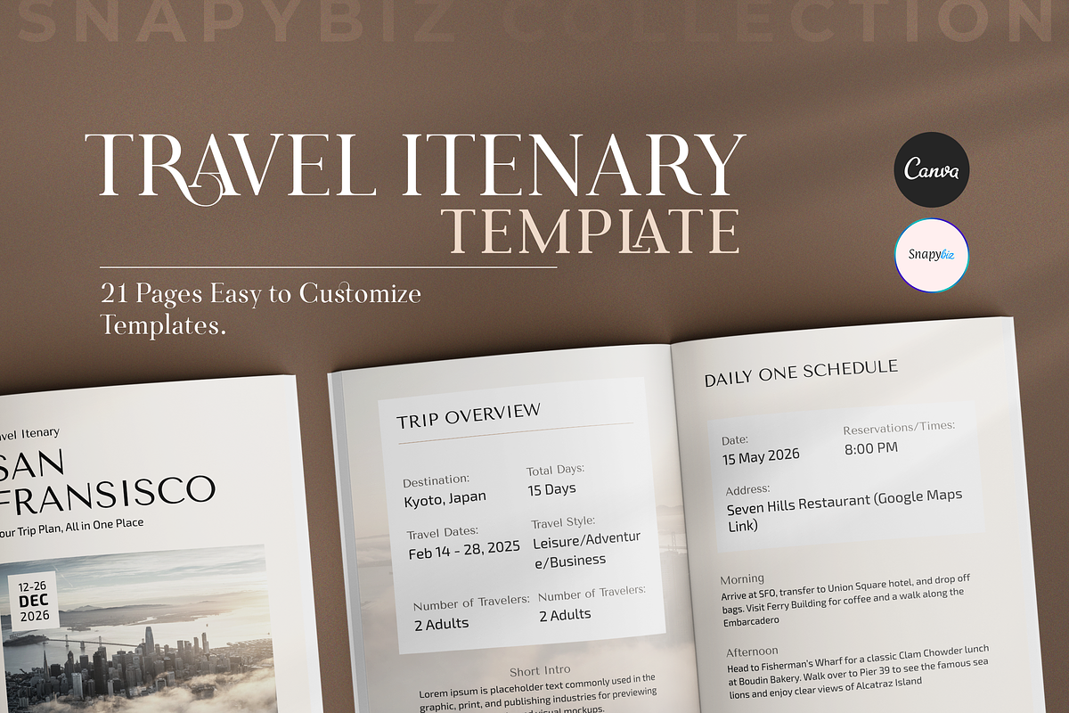 Travel Itinerary Canva Template, a Social Media Template by Snapybiz (Photo 1 of 10)