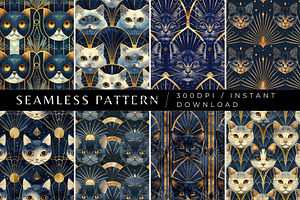 8 Art Deco Cats Seamless Patterns