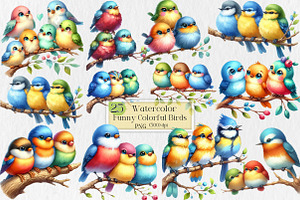 Funny Colorful Birds Watercolor Png, an Illustration by Creative Art