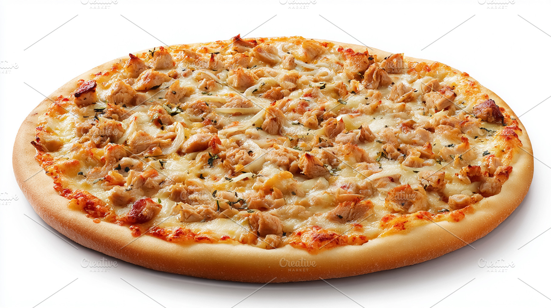 Freshly baked chicken pizza with melted mozzarella cheese, onion, a Photo by Studio ANNA