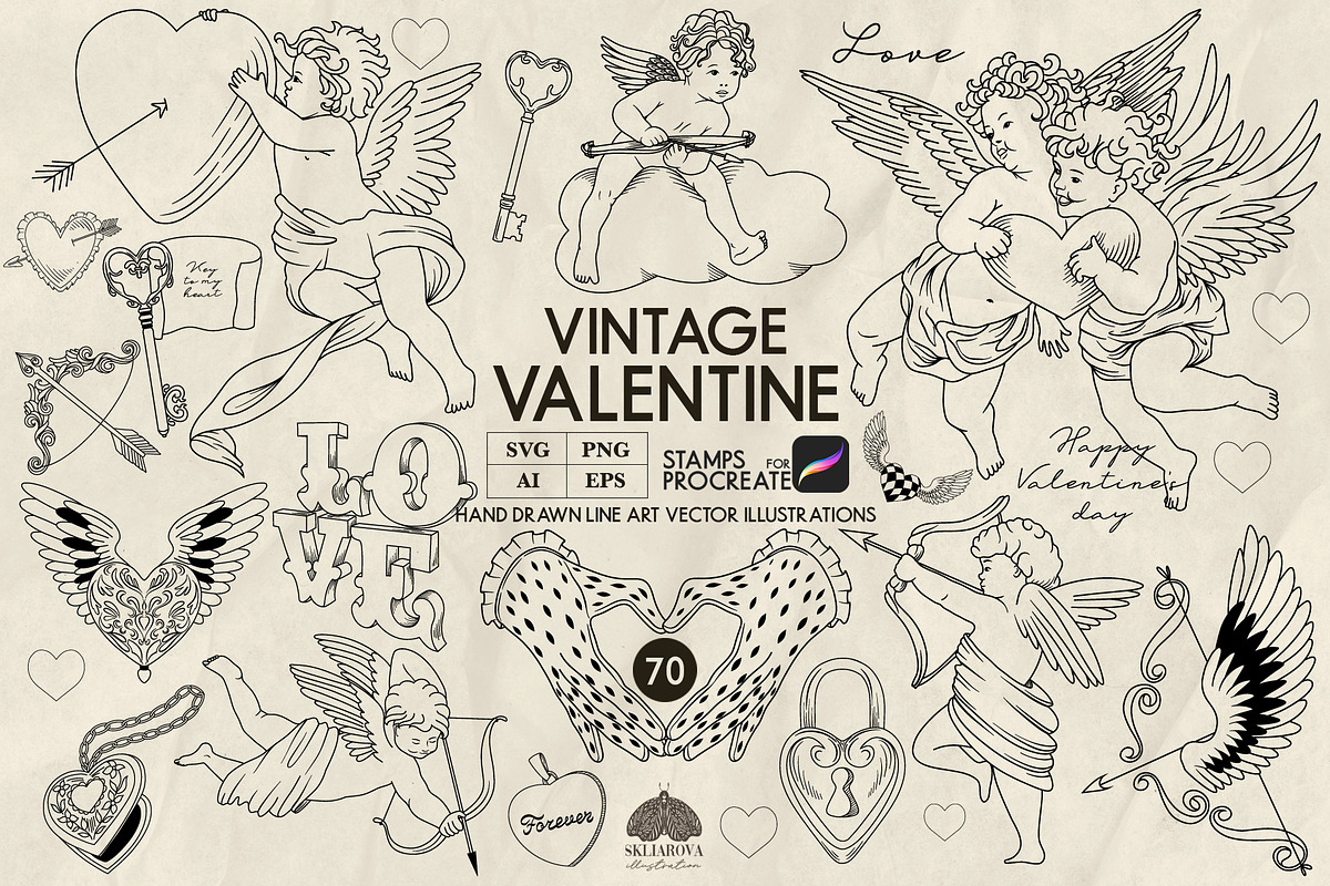 Vintage Valentine line art, a Decorative Illustration by Skliarova (Photo 1 of 5)