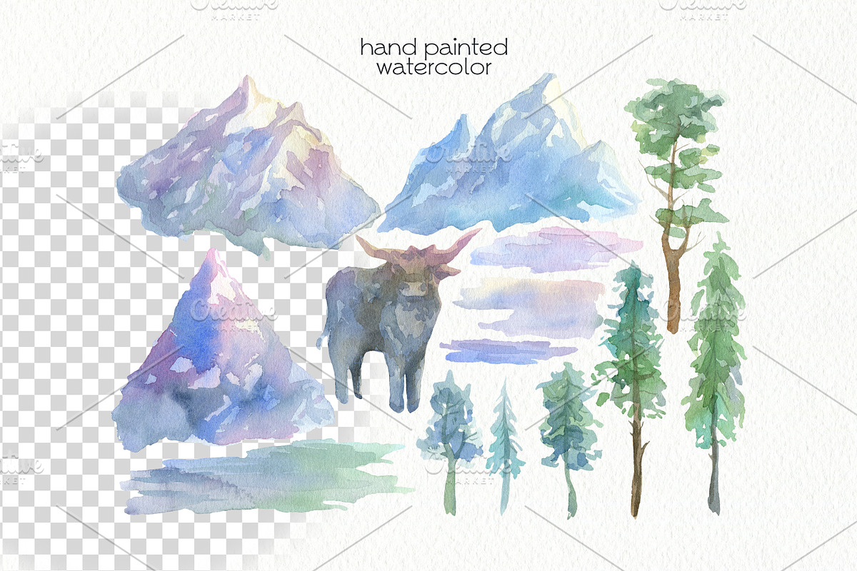 Watercolor Mountains Clipart, an Animal Illustration by OllyKo Art (Photo 2 of 9)