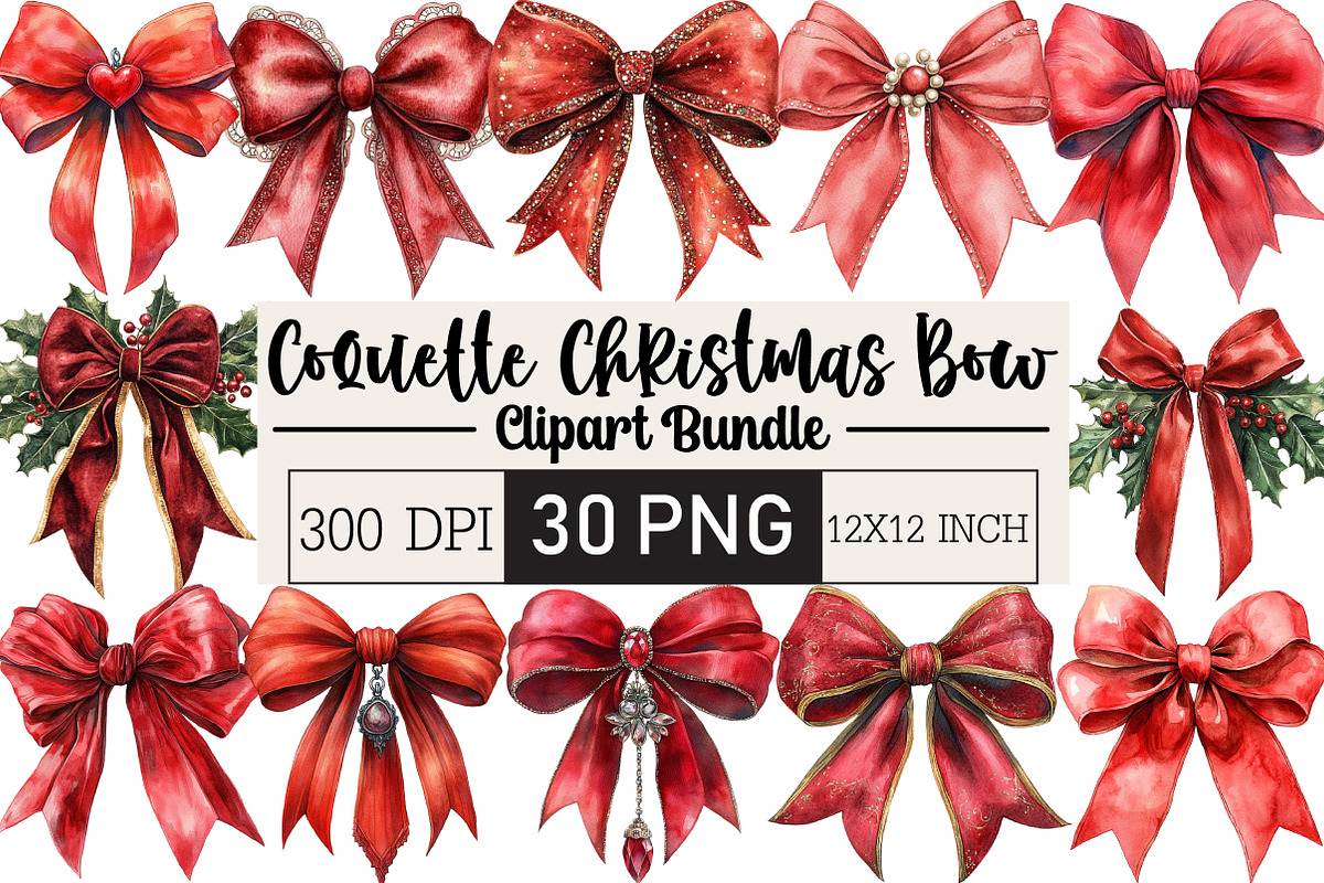 Red Coquette Christmas Bow Clipart, an Illustration by Black Bird Studio (Photo 1 of 6)