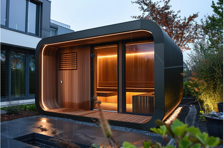 Modern outdoor sauna illuminating, an Architecture Photo by Ylivdesign