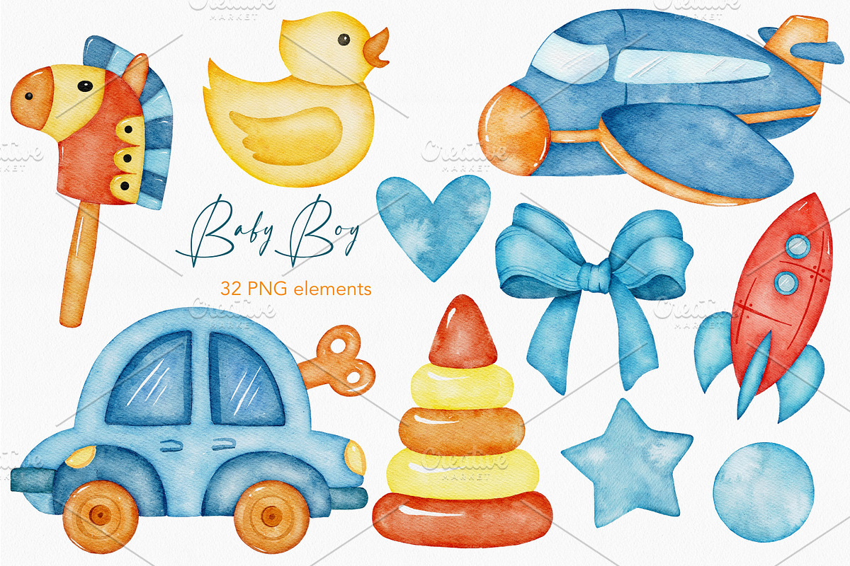 Baby Boy Toys watercolor clipart, a Decorative Illustration by LuiDesignStudio (Photo 3 of 5)