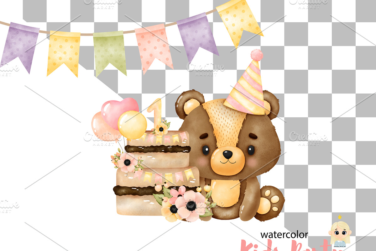 Baby Girl Birthday Party Clipart, an Animal Illustration by Natalya_Mona_Art (Photo 6 of 9)