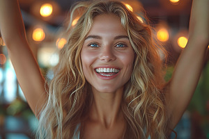 A joyful young Caucasian woman with flowing blonde hair smiles brightly, embrac, a Business Photo by ImageMir