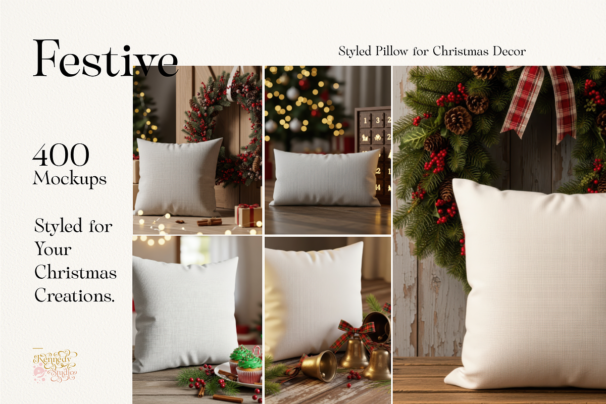 Cozy Christmas Pillow Bundle 400 JPG, a Household Mockup by KennedyStudio (Photo 1 of 13)