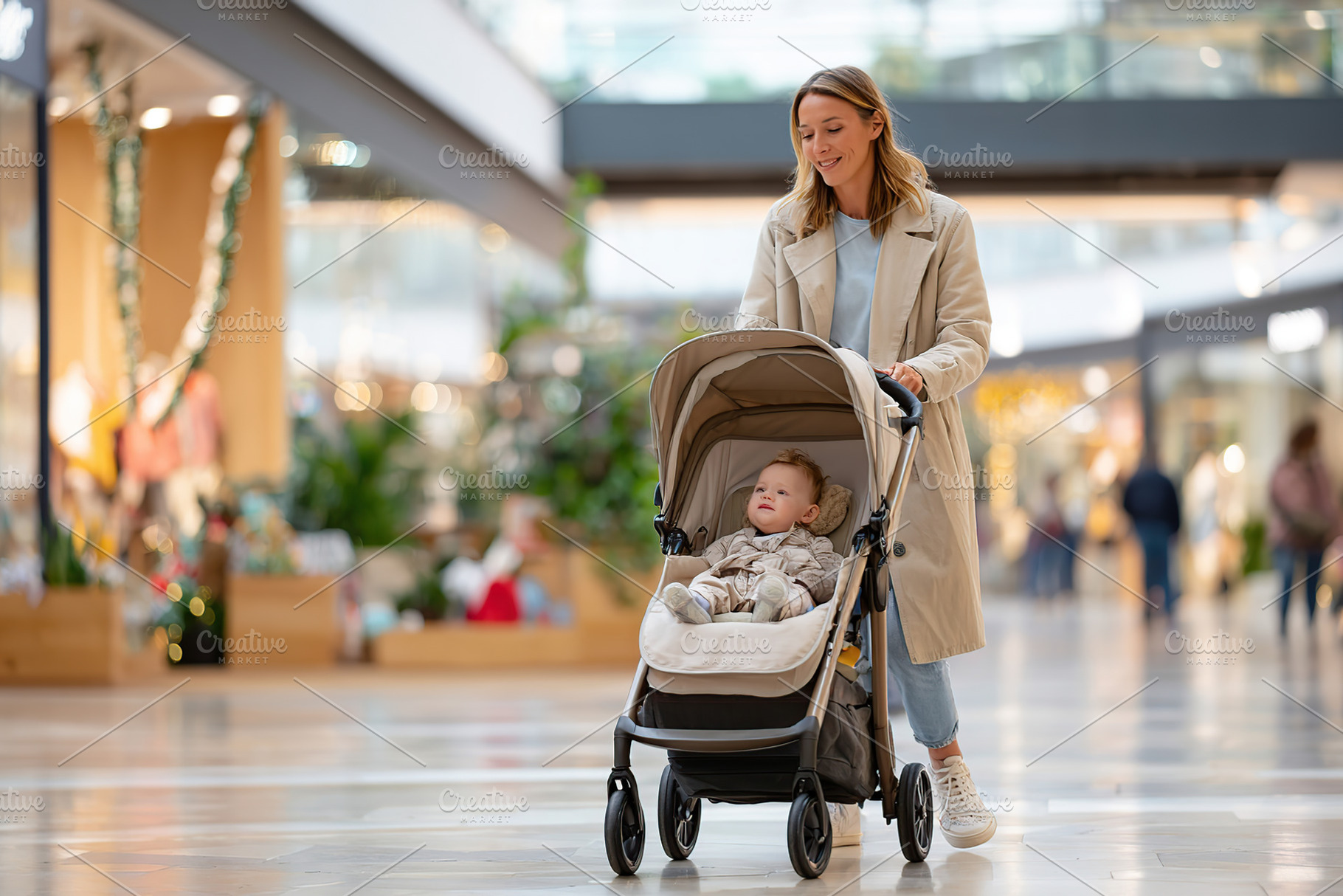 Mother strolls with baby in stroller through busy shopping mall during daytime, a Photo by AlyaAnd