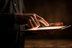 Close up of a man's hand interacting, a Technology Photo by MistyDay