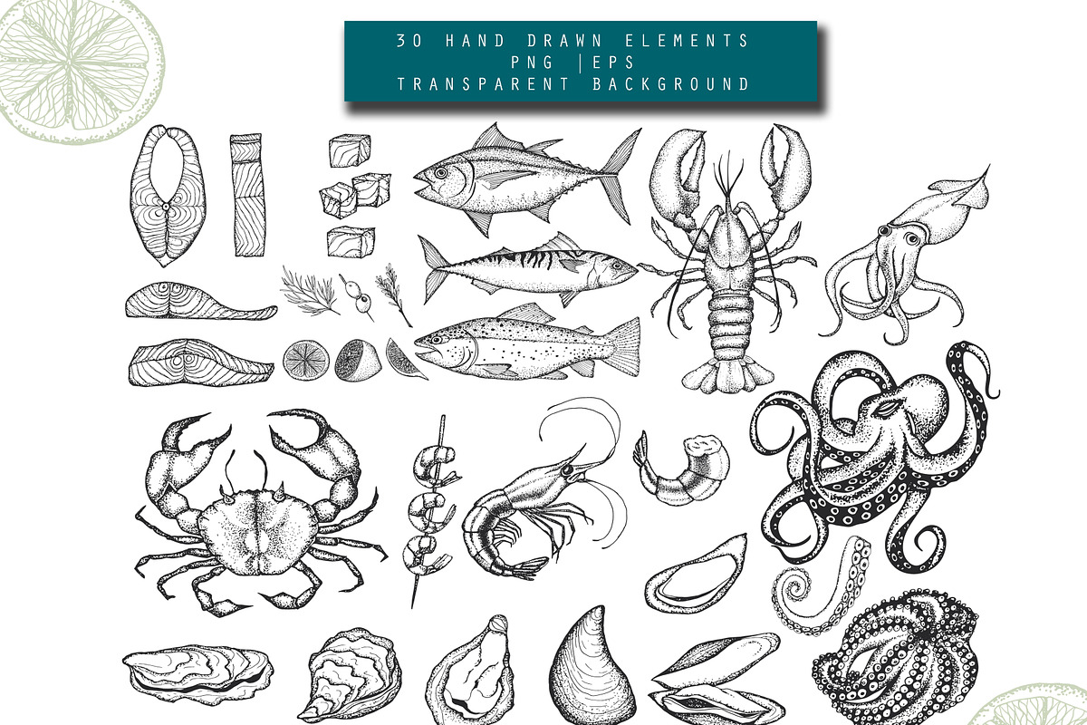 Seafood hand drawn clip art., an Object Graphic by Hand drawn Boutique (Photo 2 of 7)