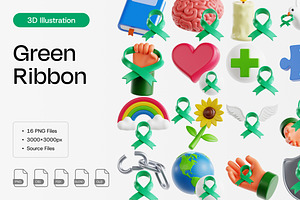 Green Ribbon 3D Icon Set, an Object 3D Model by Eklip Studio