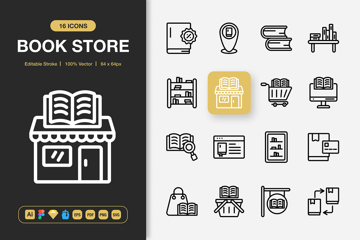 Book Store Outline Icons, an Outline Icon by Spacepixel Creative
