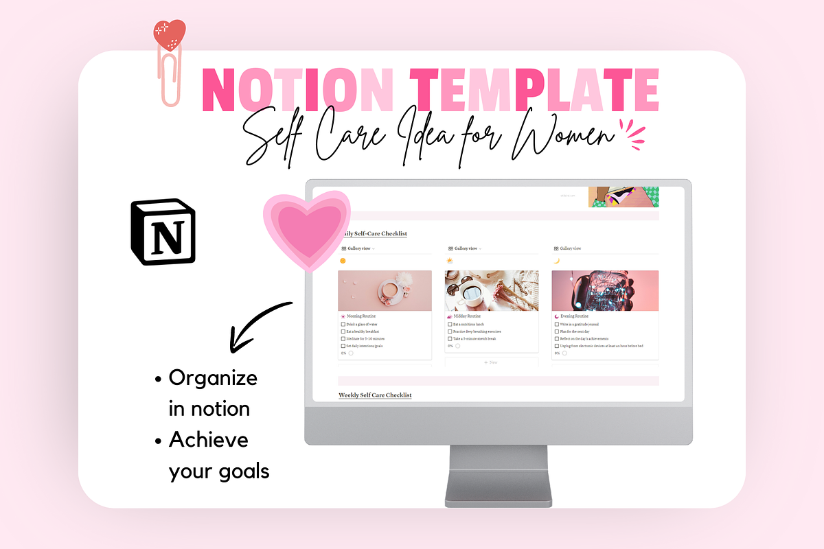 Notion Self Care Ideas for Women, a Templates & Theme by bellaROSEworkshop (Photo 2 of 11)