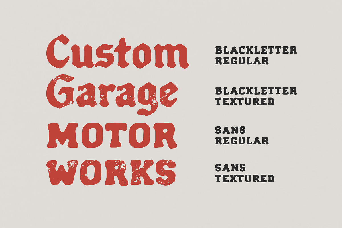 Forge Garage - Motorcycle Font Duo, a Blackletter Font by Edignwn Type (Photo 4 of 12)