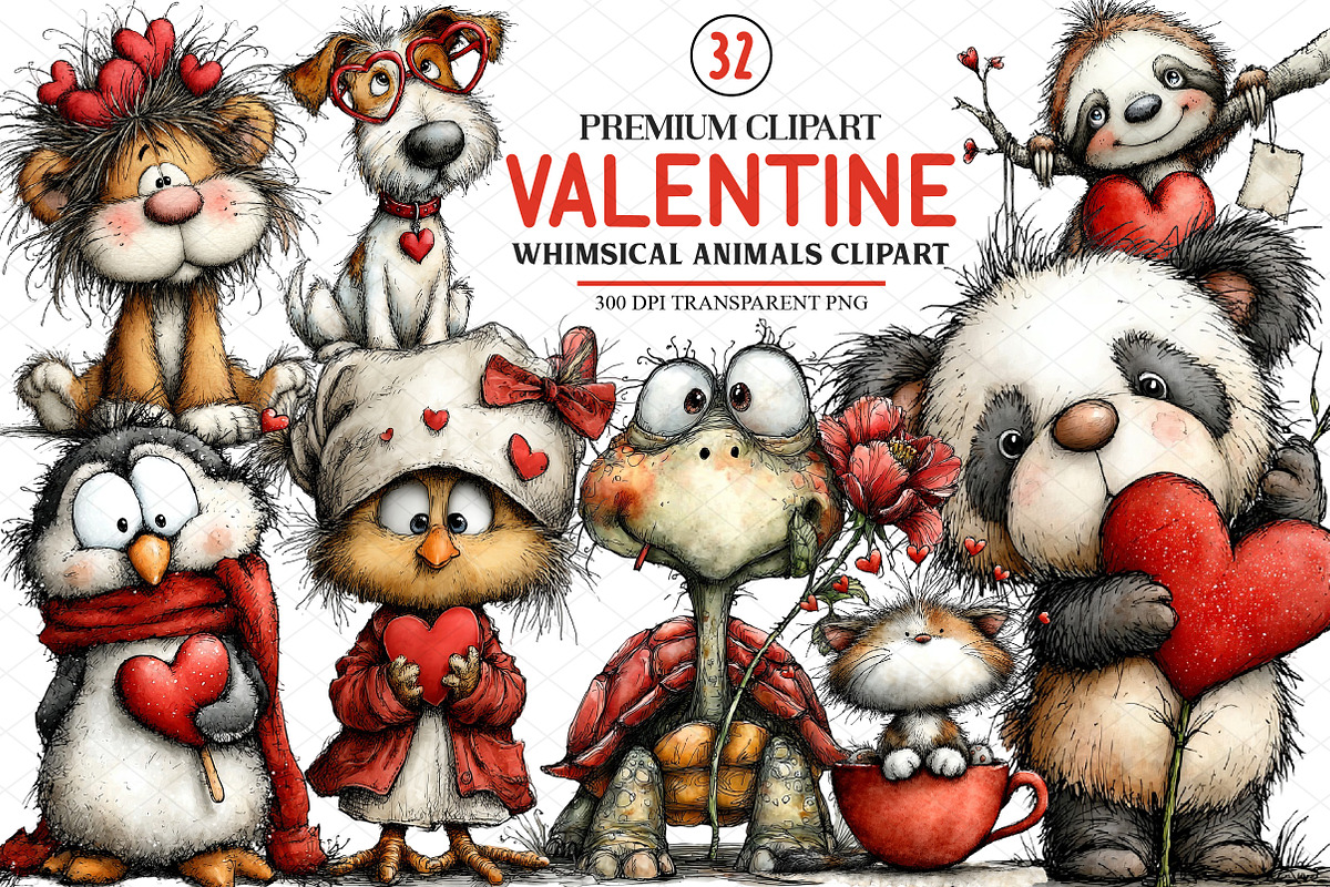Whimsical Valentine Animals Clipart, an Illustration by cherrydesign (Photo 1 of 4)