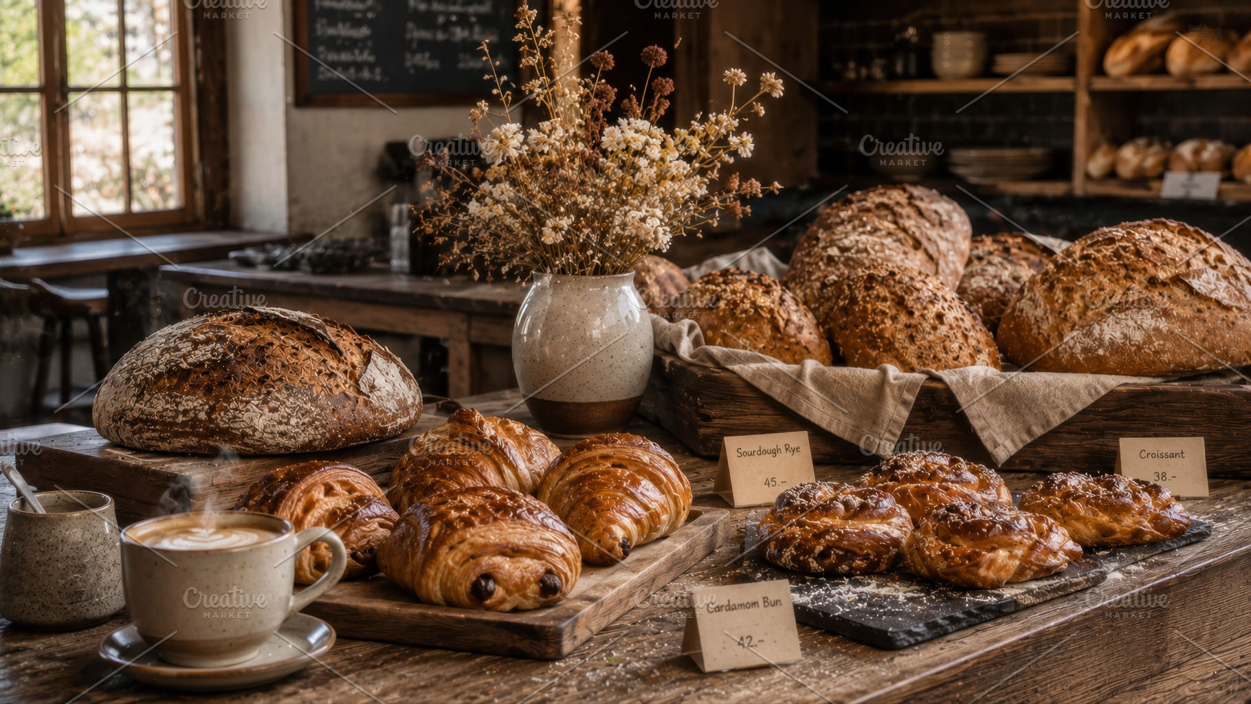 Fresh bread coffee display, a Photo by Beautiful things