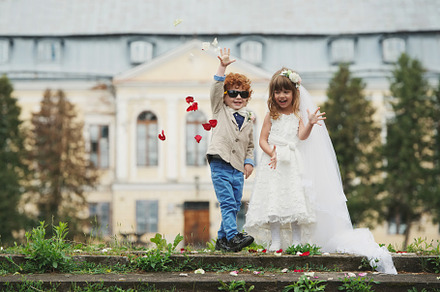 Two funny little bride and groom containing wedding, boy, and girl