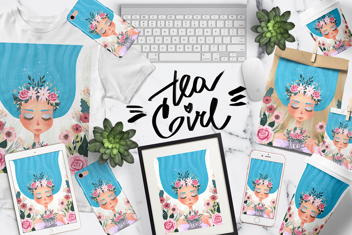 Floral Tea Girl Illustration, a Decorative Illustration by Chloe's Illustrations (Photo 1 of 10)