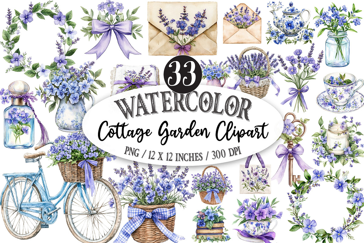 watercolor Cottage Garden PNG, a Seasonal Illustration by Designking (Photo 1 of 5)