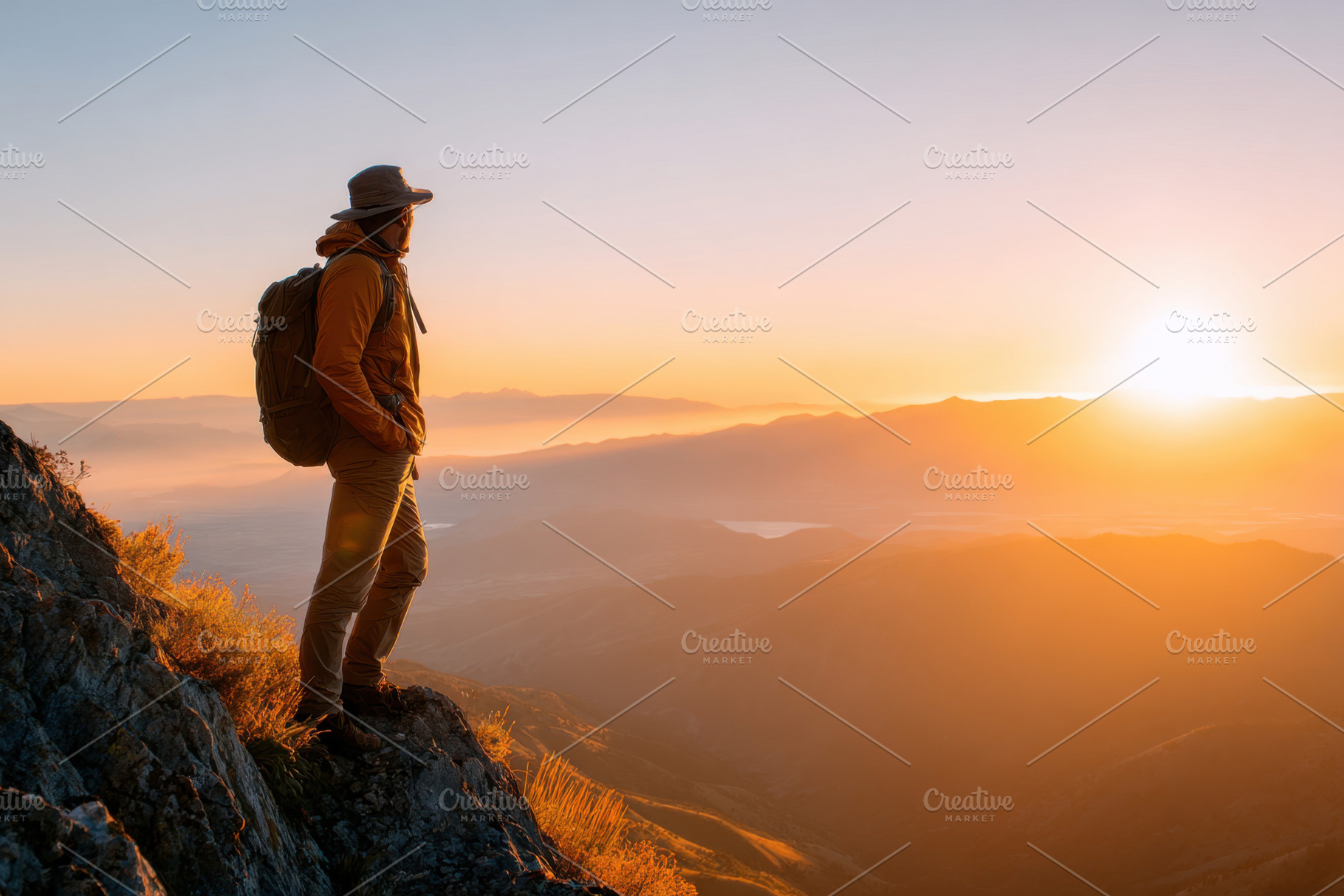 Person on cliff at sunrise overlooking misty valley, a Person Photo by AlyaAnd