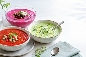 Chilled summer soups on table, suita, a Photo by Dvoevnore photos