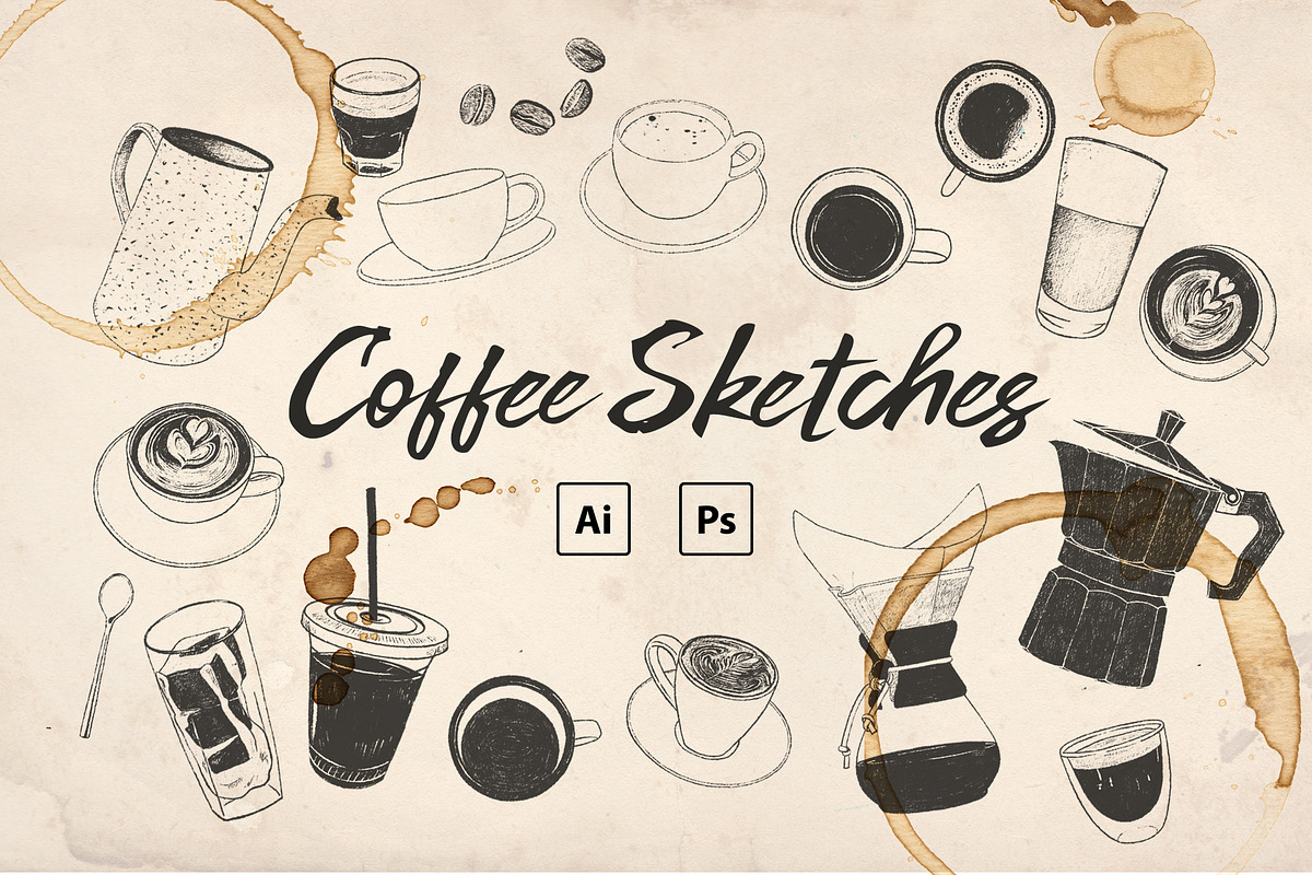 Hand Drawn Coffee Sketches PSD/Ai, an Illustration by Cuppakeri (Photo 1 of 3)