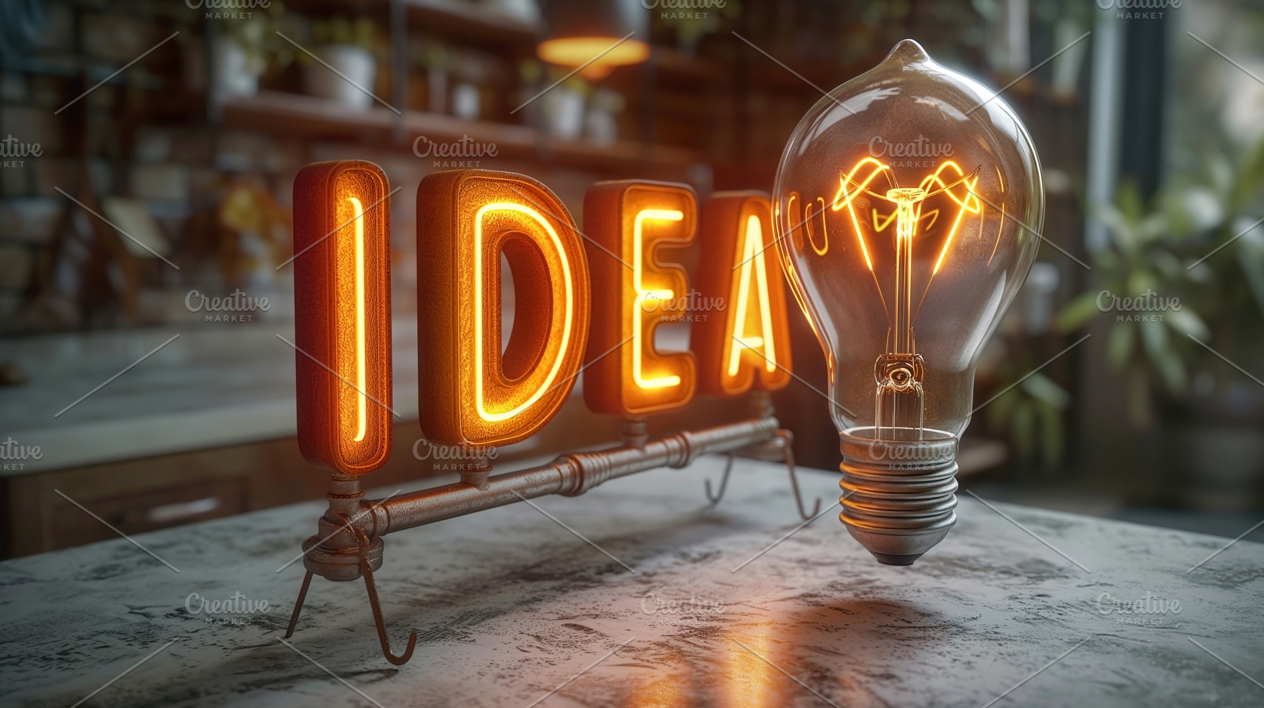 A striking light bulb glowing next to the word 'IDEA' in bright neon orange, se, a Business Photo by ImageMir