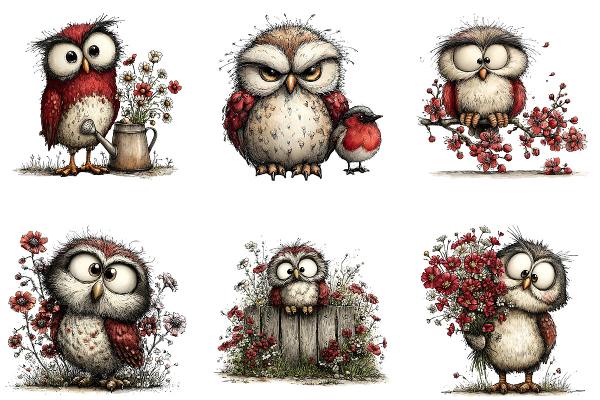 Whimsical Owls Spring Clipart, an Illustration by CraftArtStudio (Photo 6 of 6)