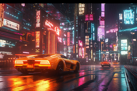 A futuristic cityscape at night featuring neon lights and rain-soaked streets., an Industrial Photo by Textures & Backgrounds