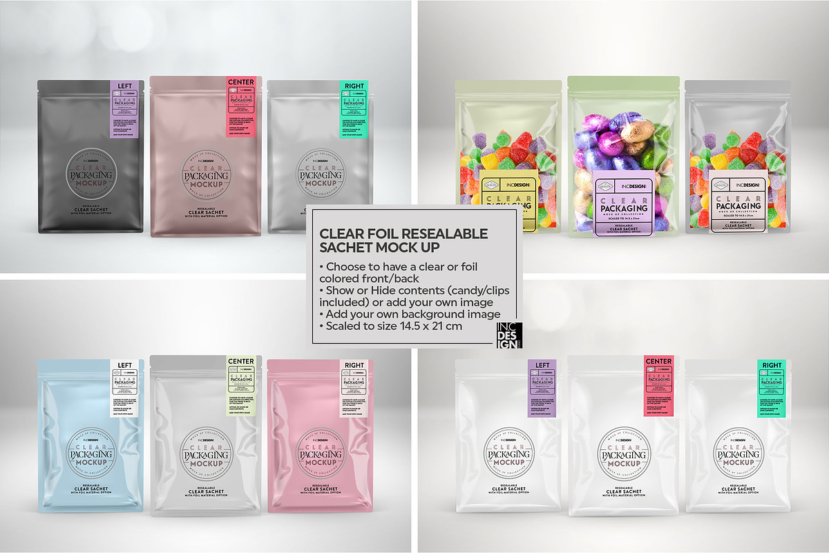 Clear Foil Sachet Packaging Mockup, a Cups & Container Mockup by INCDesign (Photo 6 of 14)