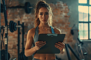Portrait of female personal trainer with clipboard in a gym, a Person Photo by AlyaAnd