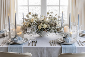 Elegant dining table decorated for a winter dinner party with li, a Photo by Studio ANNA