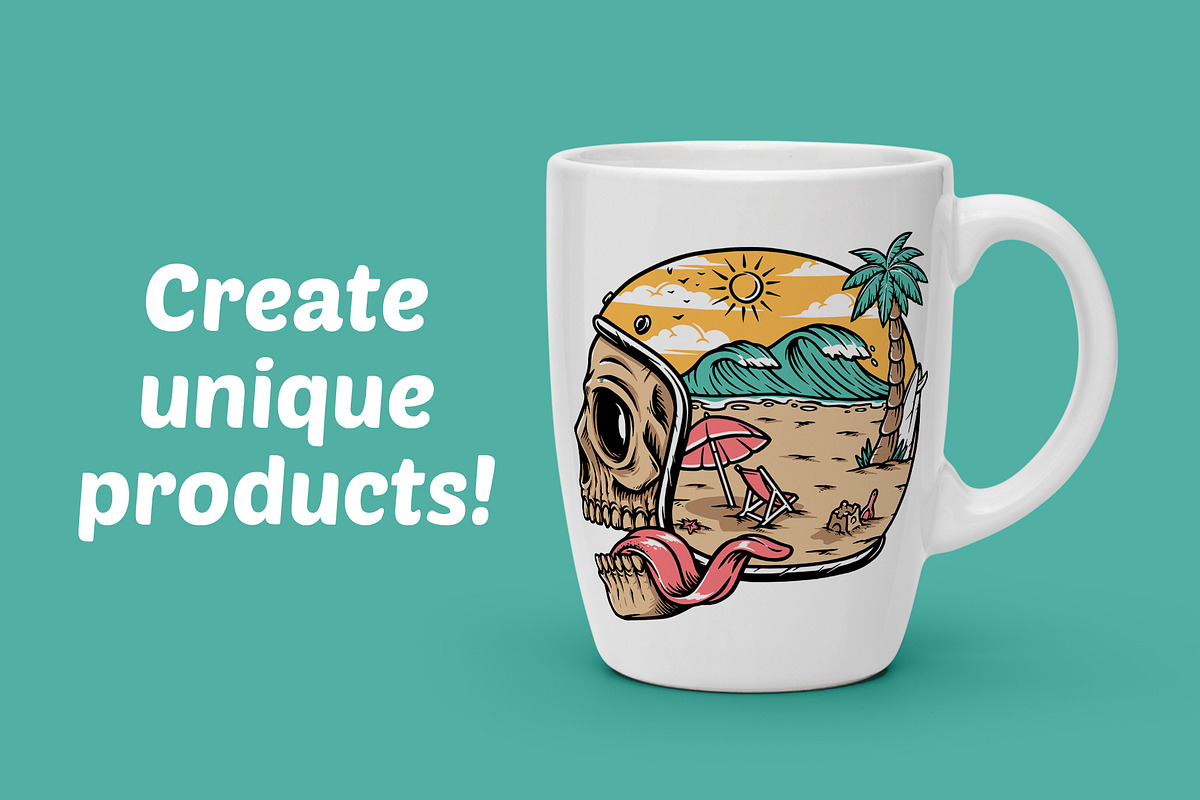 skull wearing helmet and beach scene, an Illustration by gunaonedesign (Photo 2 of 4)
