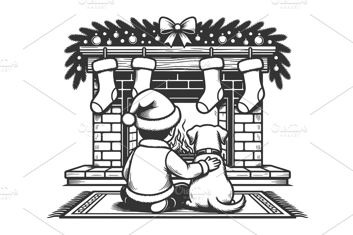 Child and Dog by Christmas Fireplace, an Illustration by AlexArt
