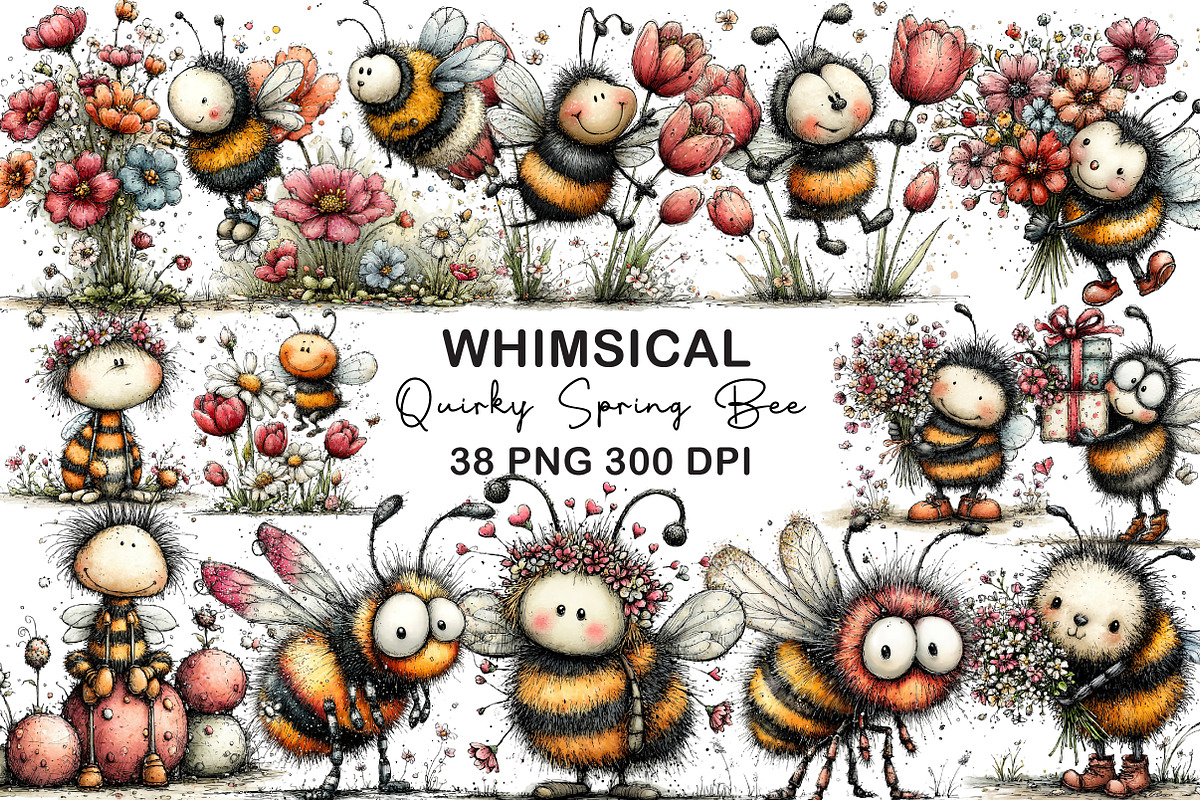 Whimsical Quirky Spring Bee Clipart, an Illustration by CraftArtStudio (Photo 1 of 6)