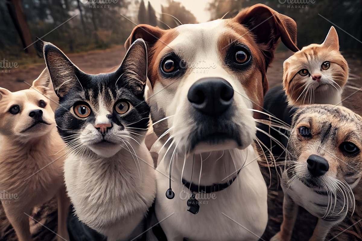 Gang of dogs and cats taking a selfie shot, an Illustration by Olyryk & Aglo